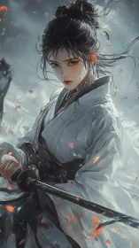 Stoic female swordswoman in white robe with drawn katana.