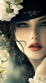 Close portrait of woman in black hat with white blossoms.