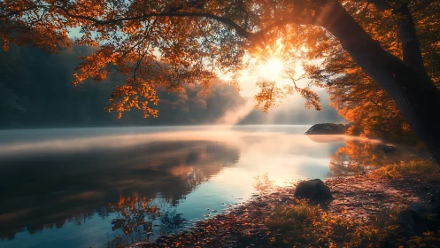 Sunlit autumn lakeside with mist and reflective water.