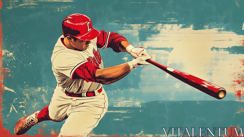 Baseball batter in mid-swing against textured teal field.