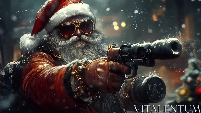 Gruff cyberpunk Santa aiming blaster in snowy street.