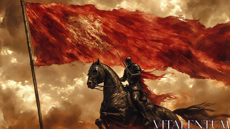 Armored knight on rearing horse passes beneath vast red flag