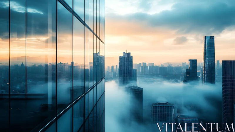 Glass facade reflection of high rise city skyline at dawn.