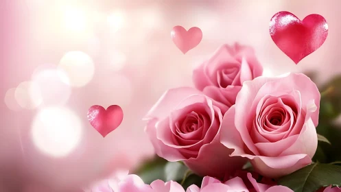 Soft-focus composite botanical arrangement featuring pink rose specimens with embedded heart shape g