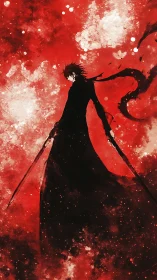 Dark swordsman silhouette against violent red storm.
