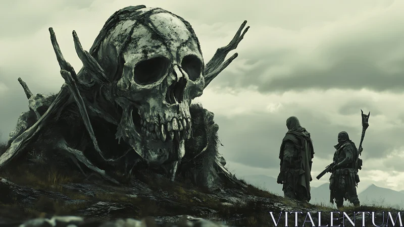 Giant decayed skull looms over two cloaked wanderers.