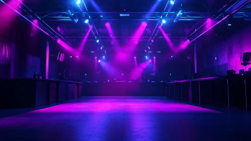 Empty nightclub interior with magenta and blue stage lighting.