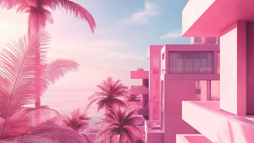 Neon pink coastal high-rises with stylized sunset palms.