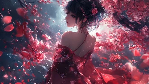 Girl in red kimono under swirling cherry blossoms.