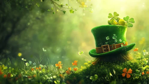 Emerald leprechaun hat rests in glowing shamrock meadow.