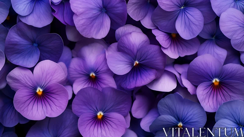 Purple pansies densely packed with visible stamen and translucent petals