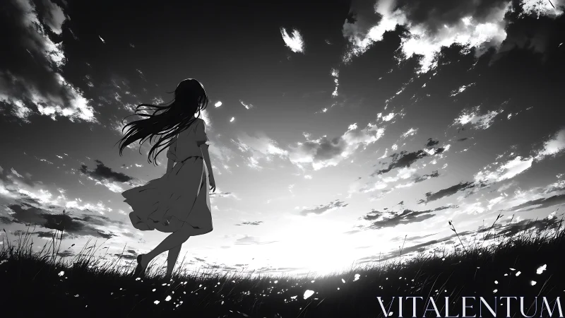 Backlit anime silhouette in high-contrast monochrome sunset field
