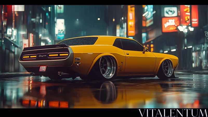Neon rainstorm muscle car idles in chrome-lit city night.