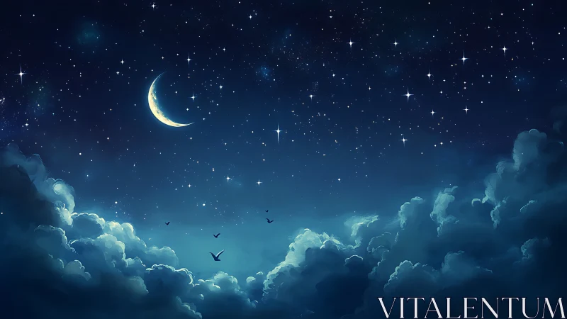 Crescent moon over volumetric night clouds under dense starfield