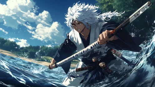 Dynamic samurai warrior slashes through surf with foaming water arcs