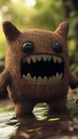 Furry brown monster model stands in shallow water with glossy eyes