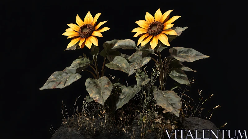 Two Sunflowers Blooming in Darkness.