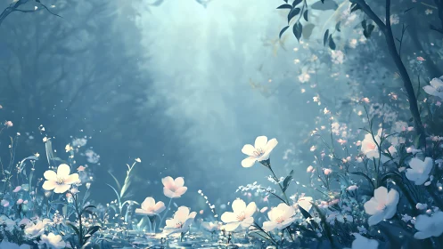 Backlit woodland clearing renders ethereal depth with soft bloom