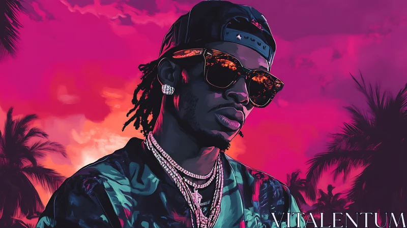 Neon sunset rapper portrait glows in tropical nightscape.