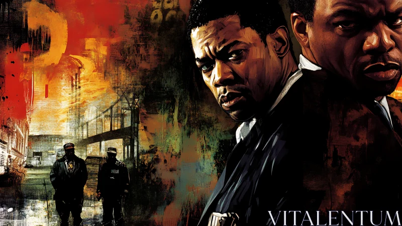 Gritty urban crime portrait with dual cops over painted skyline.