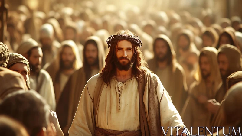 Central robed figure with crown in dense historical crowd.