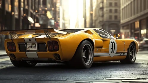 Aerodynamic yellow race coupe rendered in urban streetscape.