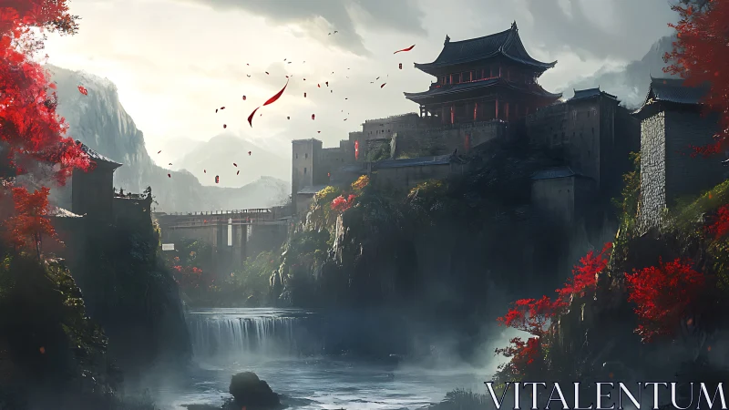 Fortified mountain temple complex overlooks misty waterfall