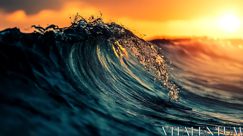 Sunlit ocean wave curls in glowing golden hour radiance