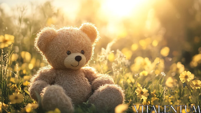Soft teddy bear in golden meadow under warm sunset glow.