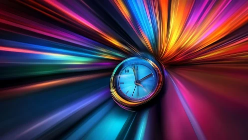 Radial motion blur encircles blue analog clock in chromatic vortex