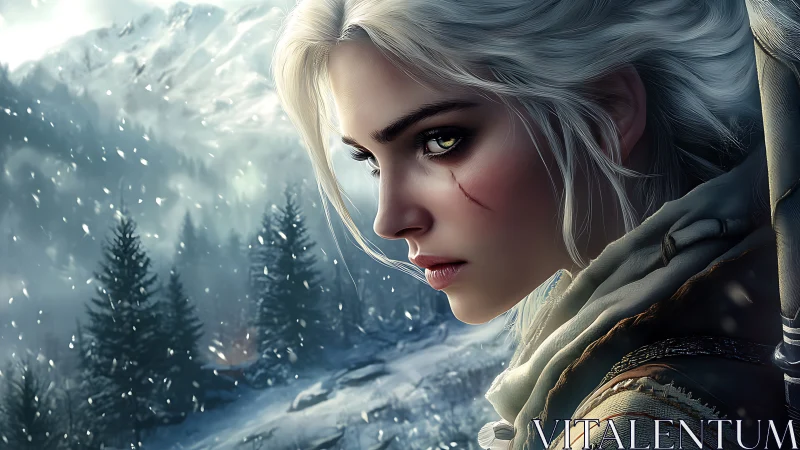 Snow-scarred huntress gazes into a storm-torn mountain wilds.