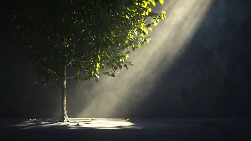 Solitary tree bathed in dramatic shaft of golden light.