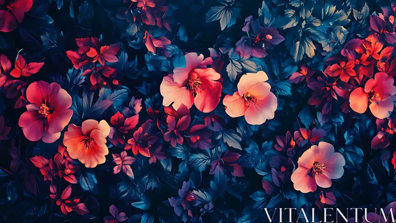 Vibrant Floral Garden: Red and Coral Blooms Against Deep Blue Night.