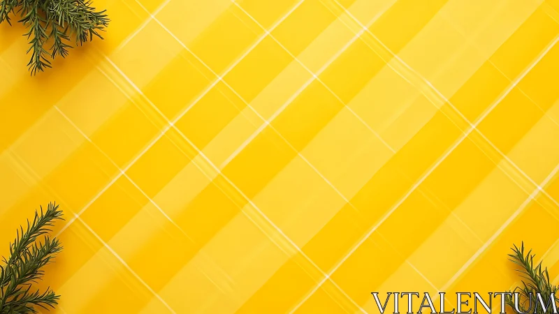 Yellow diagonal grid background with green conifer branches