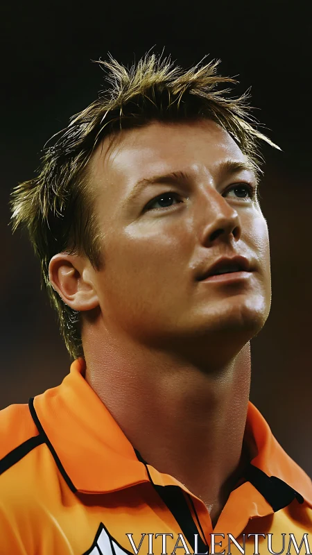 Portrait study of focused athlete in orange sports jersey.