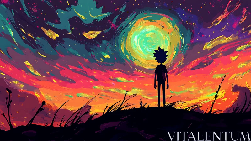 Silhouette figure under swirling neon cosmic sky at dusk.