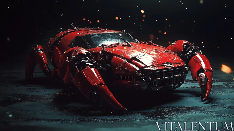 Crab-inspired mech car prowls a dark, cinematic roadway.