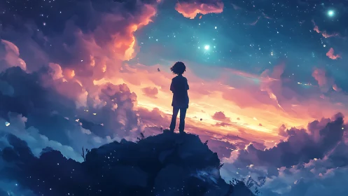 Stargazing silhouette stands over a glowing cosmic sunset.