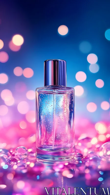 Shimmering perfume bottle glowing in dreamy pink lights.