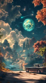 Retro sedan facing bioluminescent river and orbital planet