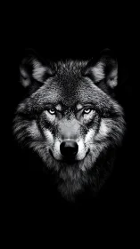 High contrast frontal wolf portrait with symmetrical monochrome lighting