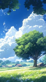 Sunlit countryside tree anchors bright summer meadow scene