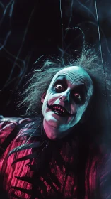 Playfully creepy clown bathed in neon carnival glow.