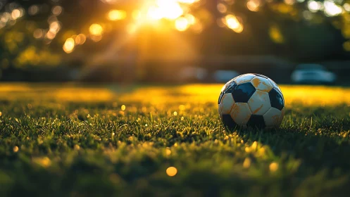 Weathered soccer ball on sunlit grass at golden hour.