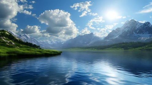Sunlit alpine lake beneath dramatic cloud-swept peaks.