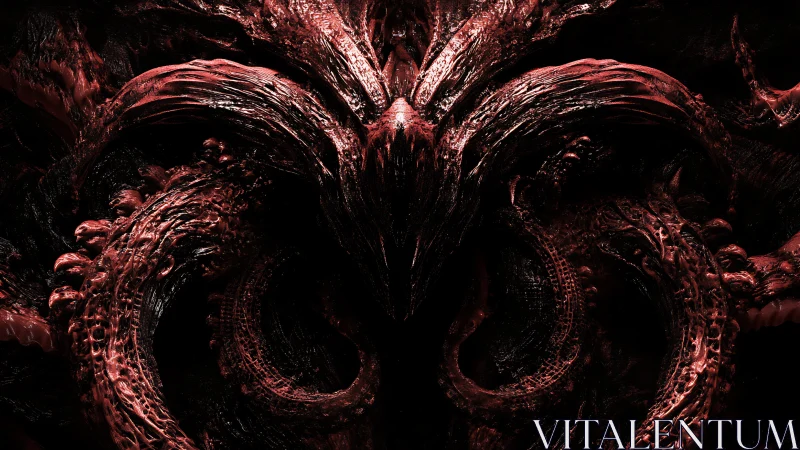 Sinister crimson demon visage emerges from writhing darkness