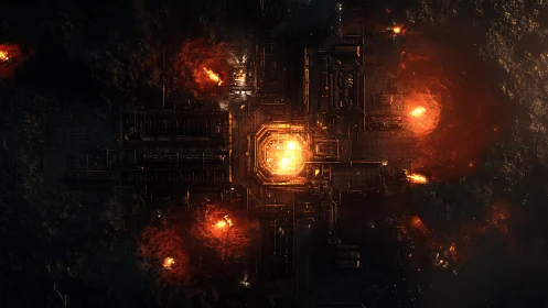 Top-down view of industrial complex with central reactor core.