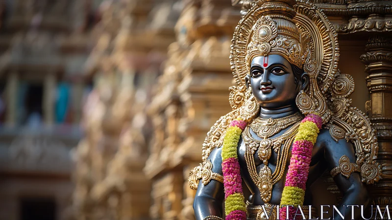 Radiant temple deity statue adorned with golden finery.