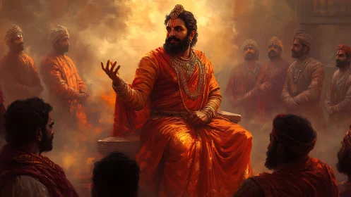 Regal leader in glowing orange robes among loyal followers.