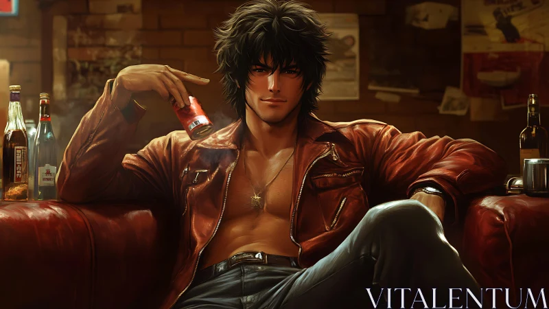 Relaxed rebel in red leather soaking up the neon night.